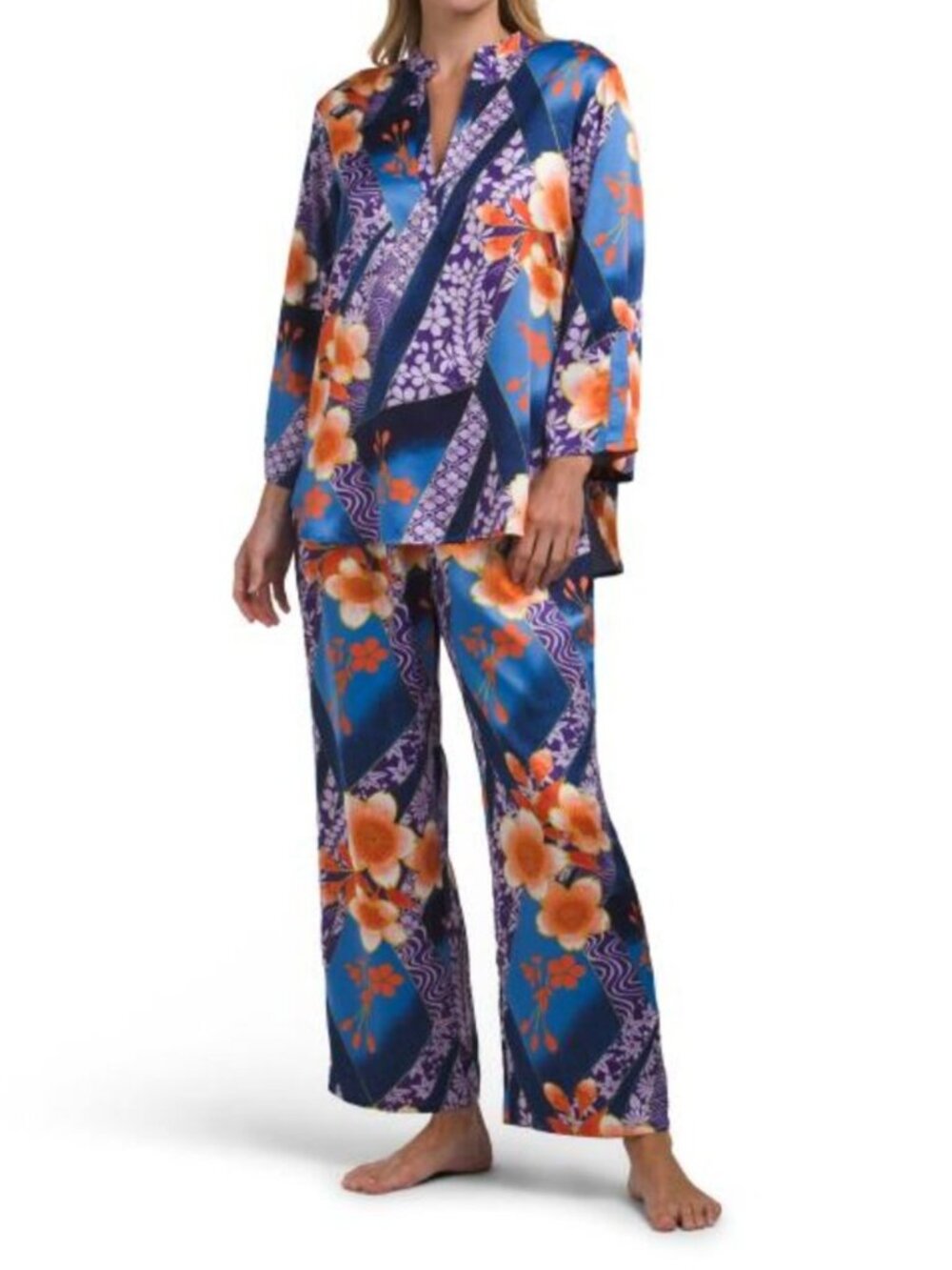 N NATORI 2pc Magnolia Satin Mandarin Pajama Top And Pants Set - Picture 1 of 4